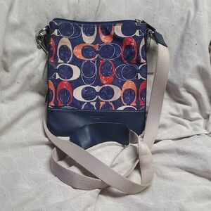 Coach Blue Signature Print Crossbody with Red & Cream Accents